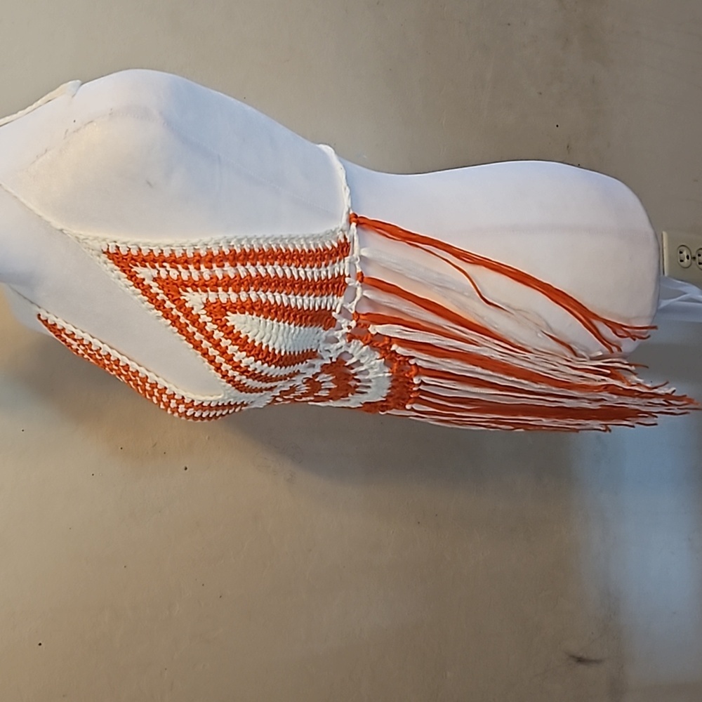 Hand Crafted Crochet Orange White Crop Top Fringe Summer - Picture 6 of 17